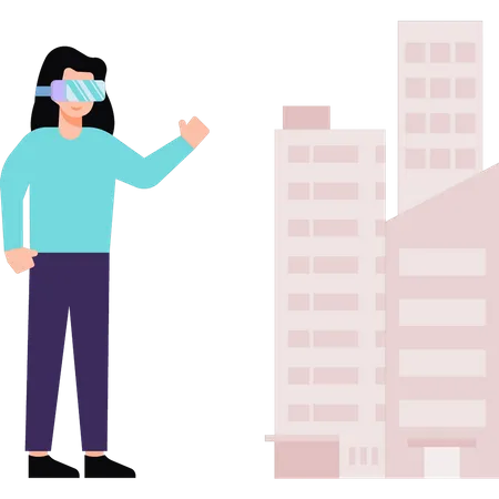 Girl looking at buildings wearing VR glasses  Illustration