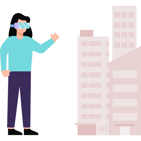 Girl looking at buildings wearing VR glasses  イラスト