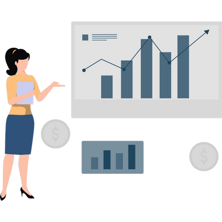 Girl looking at business analytics.  Illustration