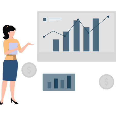 Girl looking at business analytics.  Illustration