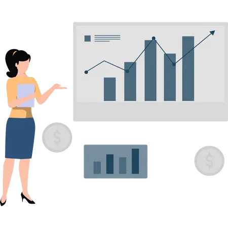 Girl looking at business analytics.  Illustration