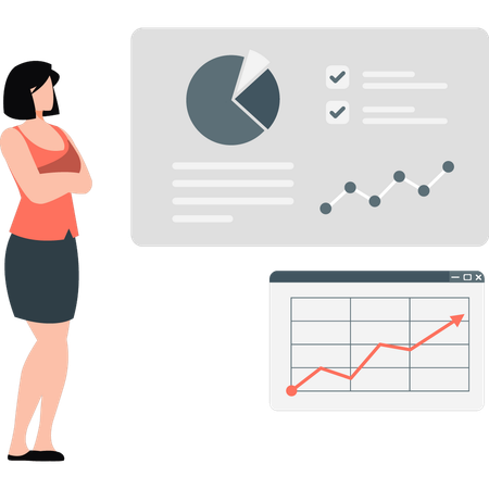 Girl looking at business pie graph  Illustration