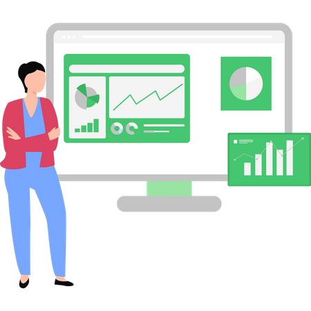 Girl Looking At Chart Graph Monitor  Illustration