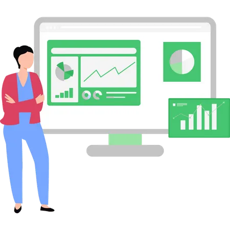 Girl Looking At Chart Graph Monitor  Illustration