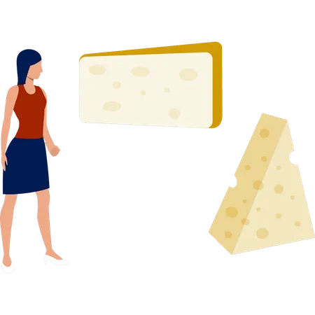 Girl looking at cheese product  Illustration