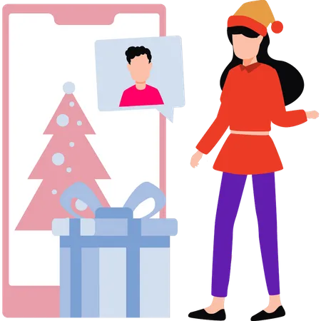 The Girl Is Looking At Her Christmas Present Illustration
