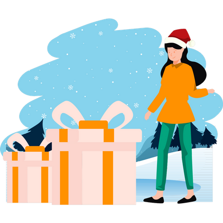 Girl looking at Christmas presents  Illustration