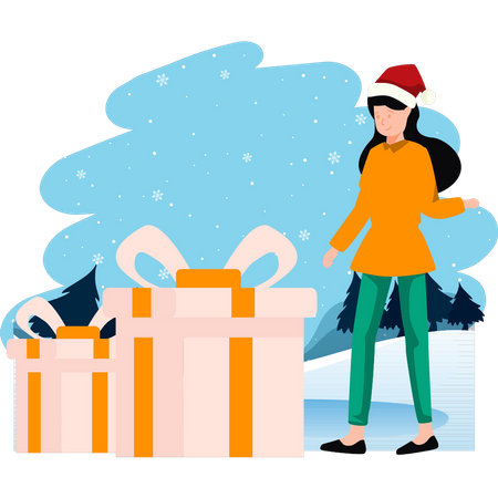 Girl looking at Christmas presents  Illustration