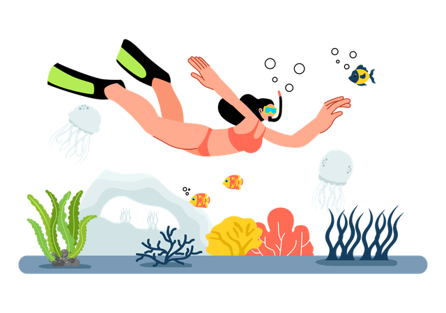 Girl looking at coral reef underwater  Illustration