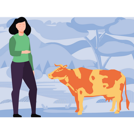 Girl looking at cow Illustration
