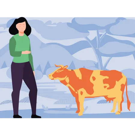 Girl looking at cow Illustration