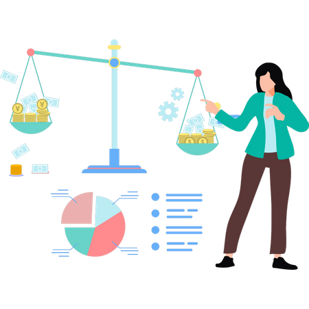 Girl looking at currency scale  Illustration