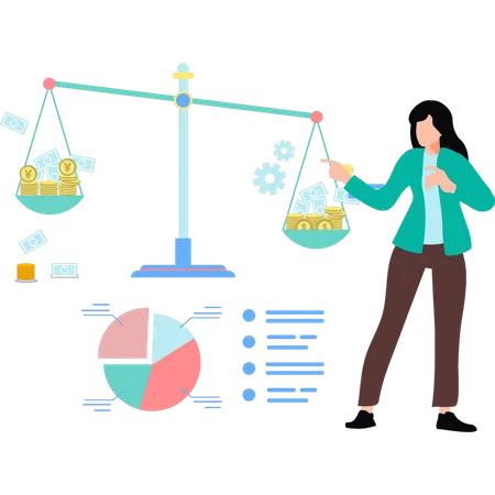 Girl looking at currency scale  Illustration