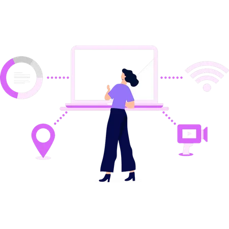 Girl looking at device connections  Illustration