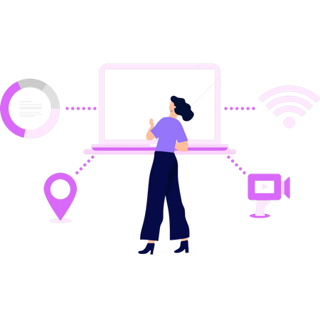 Girl looking at device connections  Illustration