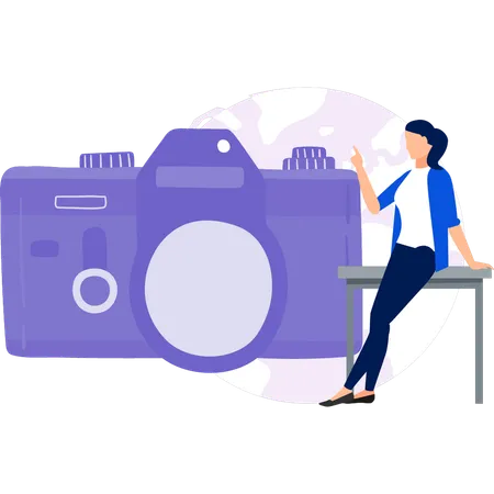 Girl looking at digital camera lens  Illustration