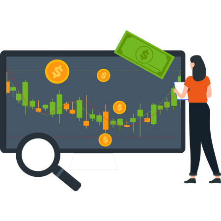 Girl looking at dollar analytics  Illustration