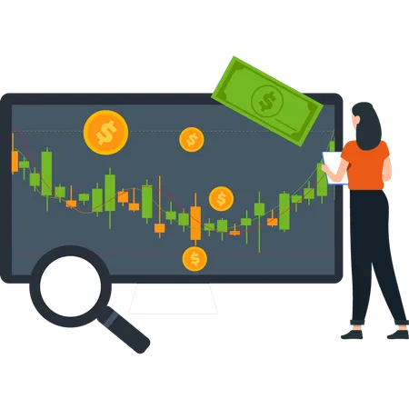 Girl looking at dollar analytics  Illustration