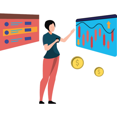 Girl looking at dollar analytics  Illustration