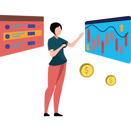 Girl looking at dollar analytics  Illustration