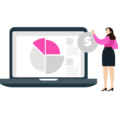 Girl looking at dollar pie chart  Illustration