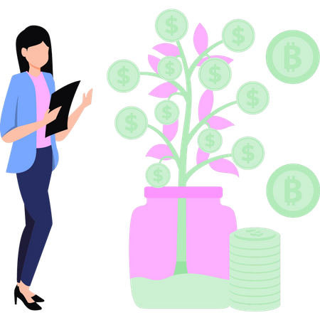 Girl  looking at  dollar plant  イラスト