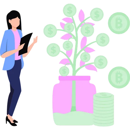 Girl  looking at  dollar plant  Illustration