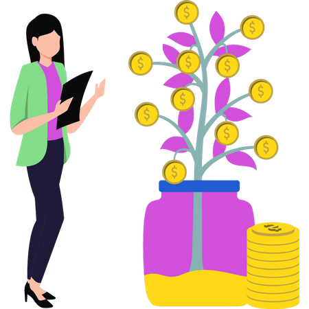 Girl looking at dollar plant  Illustration