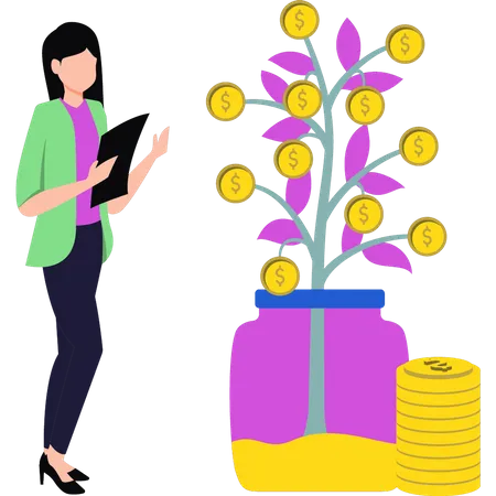 Girl looking at dollar plant  Illustration