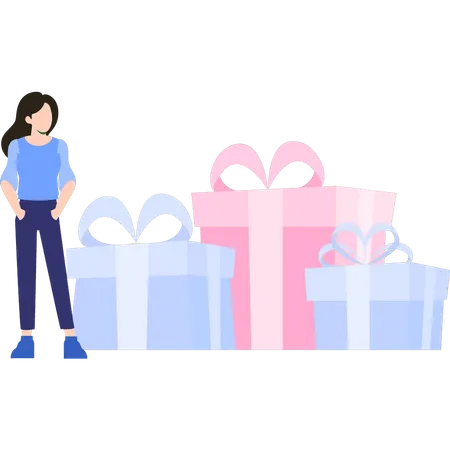 The Girl Is Looking At The Gift Boxes Illustration