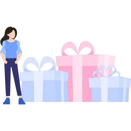 Girl looking at gift boxes  Illustration