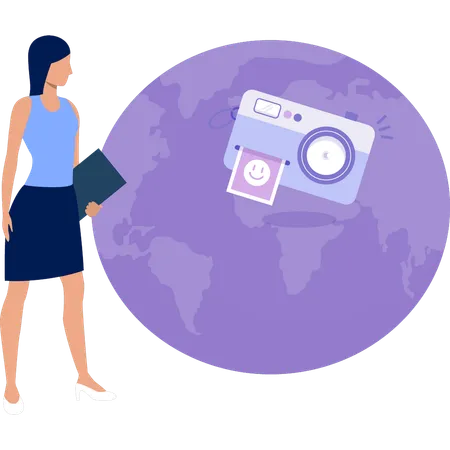 The Girl Is Looking At The Global Camera Illustration