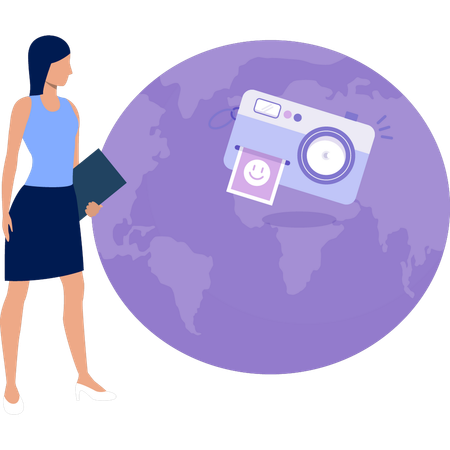 Girl looking at  global camera  일러스트레이션