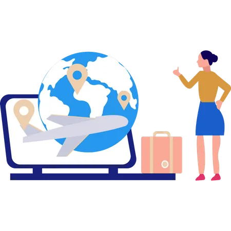 Girl Looking At Global Tour Location Pin On Laptop Illustration