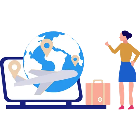 Girl looking at global tour location pin on laptop  Illustration