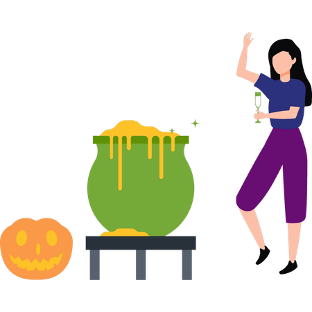 Girl looking at Halloween cauldron  Illustration