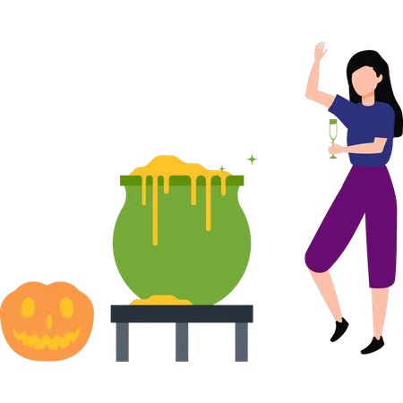 Girl looking at Halloween cauldron  Illustration