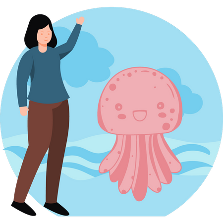 Girl looking at jellyfish Illustration