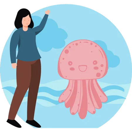 Girl looking at jellyfish Illustration