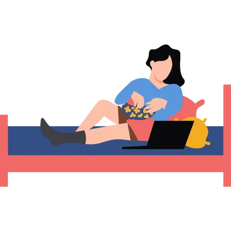Girl looking at laptop on bed  Illustration