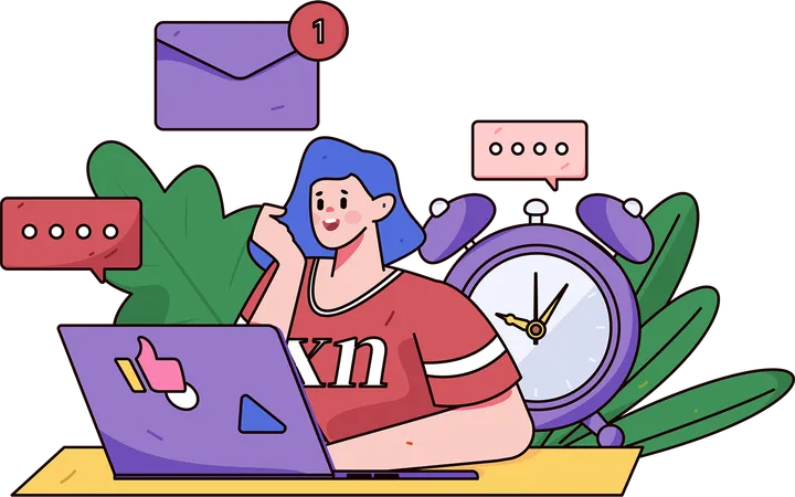 Girl looking at laptop while checking business mail  Illustration