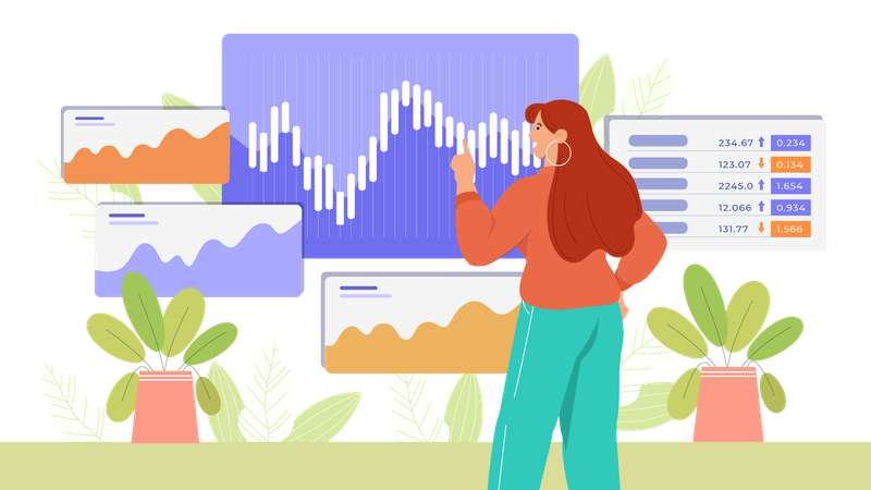 Girl looking at market analytics  Illustration