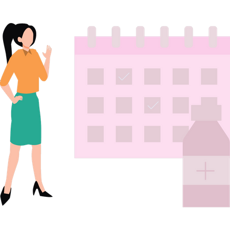 Girl looking at medicine mark on calendar  Illustration