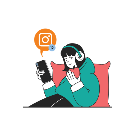 Girl looking at messages on Instagram  Illustration