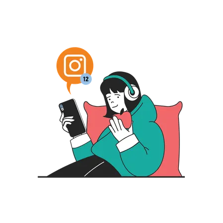 Girl looking at messages on Instagram  Illustration