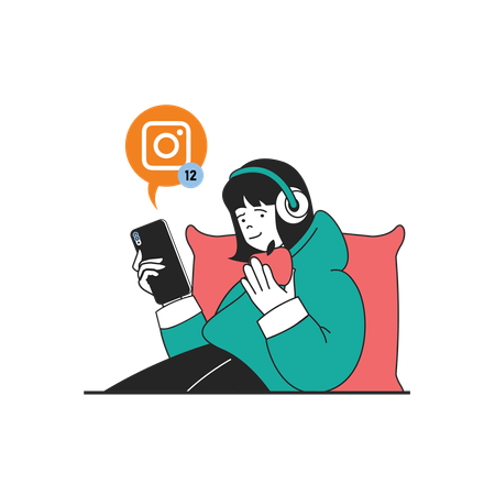 Girl looking at messages on Instagram  イラスト