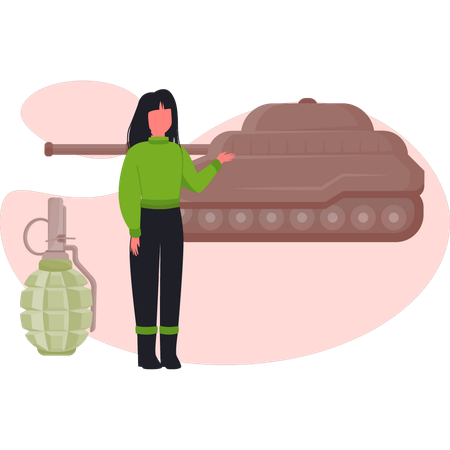 Girl  looking at military tank  Illustration