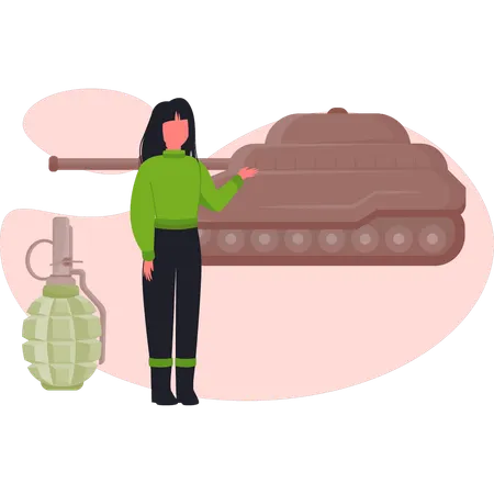 Girl  looking at military tank  Illustration