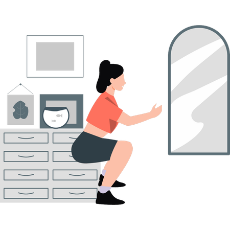 Girl looking at mirror while exercising  Illustration