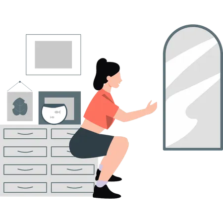 Girl looking at mirror while exercising  Illustration